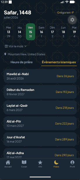 Islamic events screen in MuslimCompanion