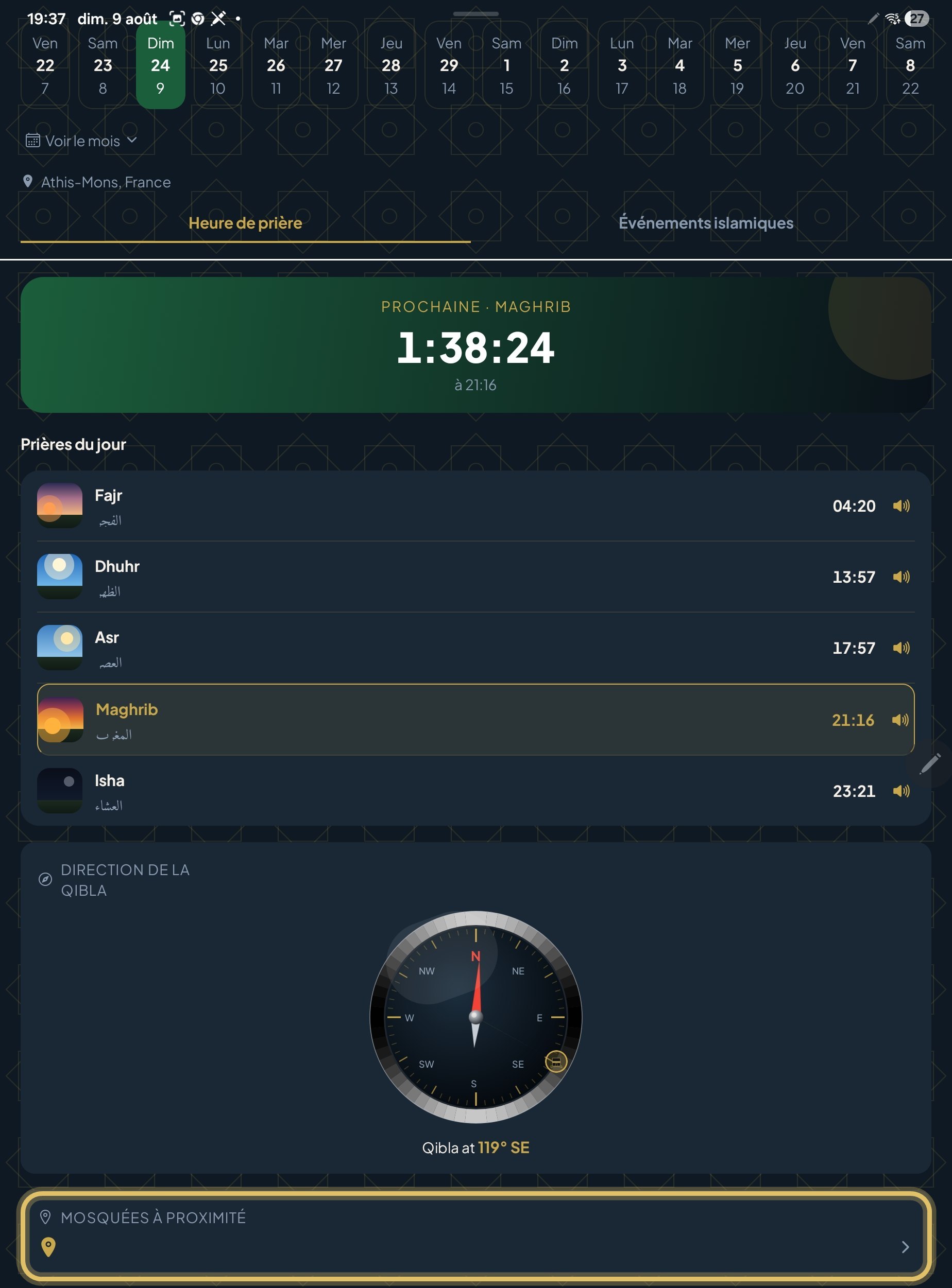 MuslimCompanion prayer screen with the Qibla compass and quick access to nearby mosques